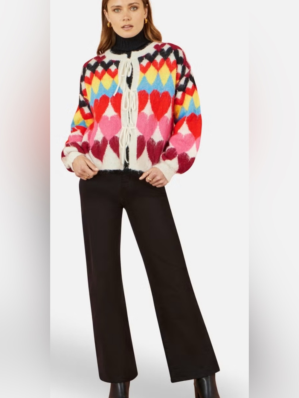 Yumi Knitwear Intarsia Cardigan Sweater Multi Color Heart Pattern Tie Closure L👍